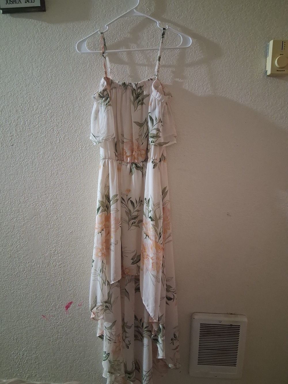 AUW White Floral Off-Shoulder Maxi Dress with Peach & Green Print